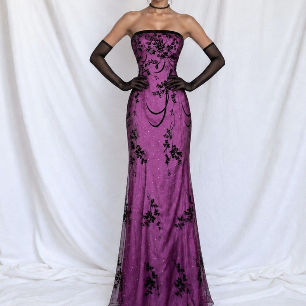 Vintage Y2K Purple Black Strapless Mesh Floral Velvet Maxi Prom Dress Size M/L